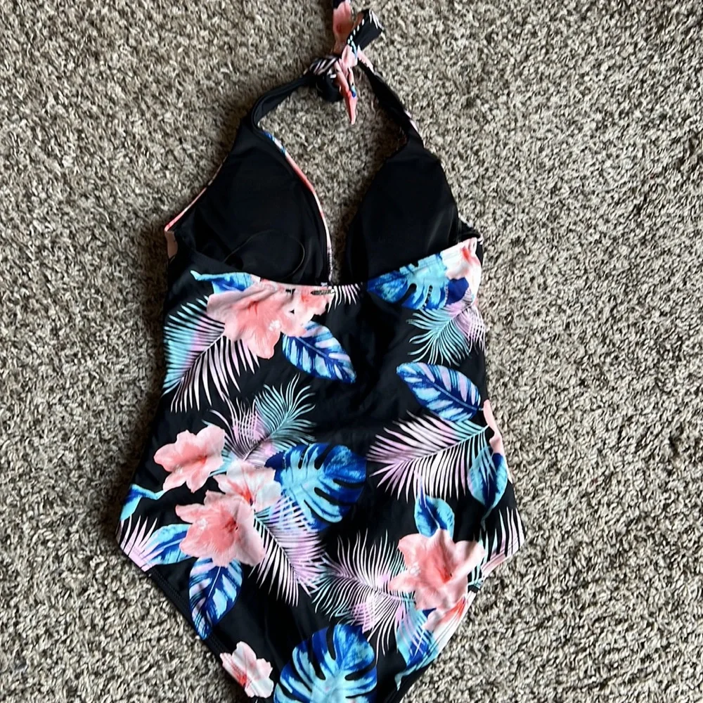 DKNY Tropical‎ Floral One Piece Swimsuit in Black/Pink Sizes XL NWOT - Picture 3 of 15